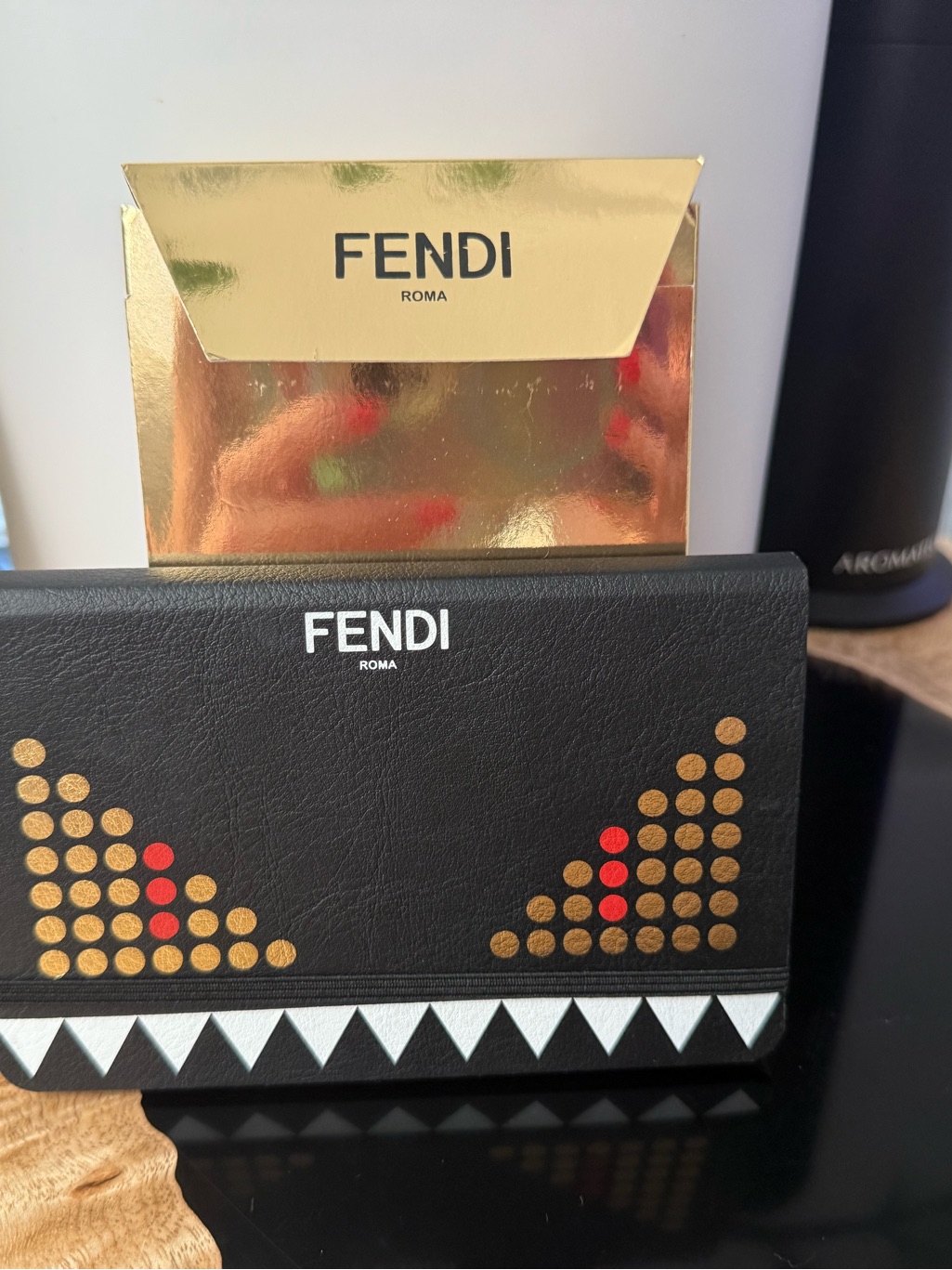 Fendi Black Leather Card Holder With Gold Red Stud Motif